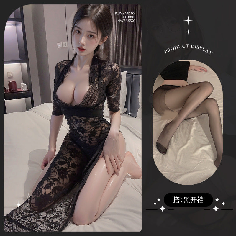 Image of Erotic lingerie cosplay no clothes lace plus size nightdress temptation royal sister secretary outfit hot see-through outfit